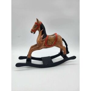 Vintage Hand Carved Wooden Rocking Horse Figurine Folk Art Decor Brown Red Black